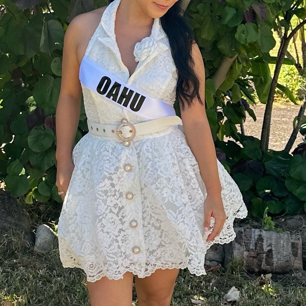 White Lace Halter Dress with Pearl Buttons